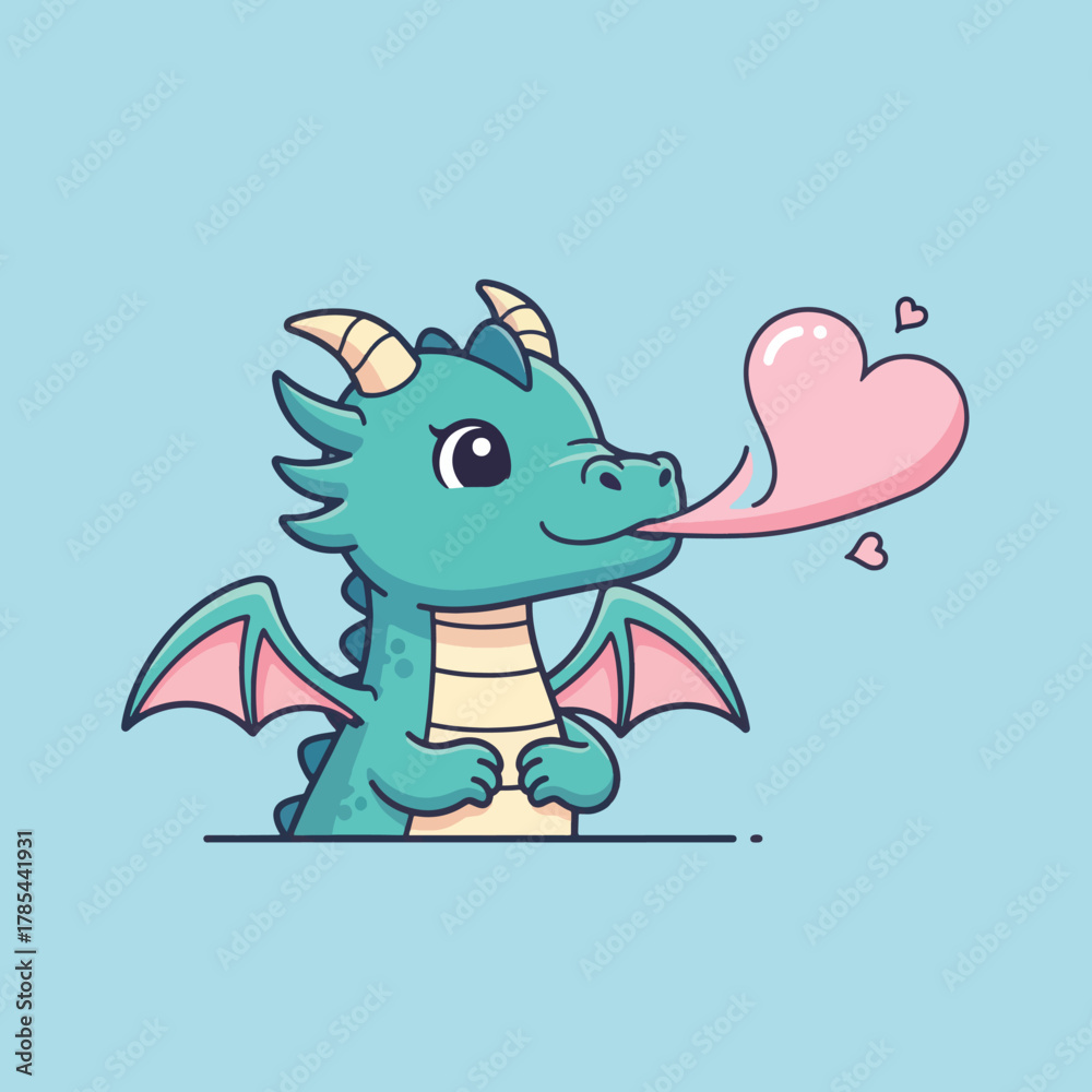 Obraz premium Cute Baby Dragon Blowing Pink Heart Shaped Bubble.