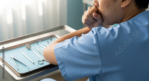 Healthcare professional in scrubs, deep in thought, next to medical instruments in a clinic setting