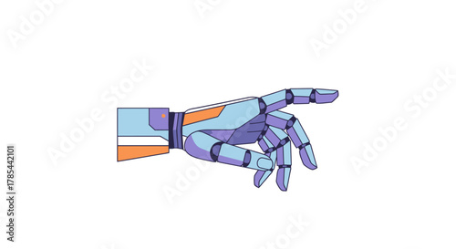 Futuristic robotic hand points with index finger on a white background