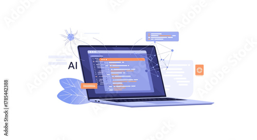 Creative AI coding concept with a laptop displaying advanced programming