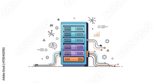 Illustration of AI server rack with connected cables and data processing
