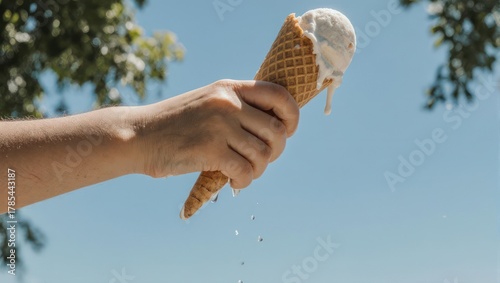 Hand holding melting ice cream cone against blue sky.