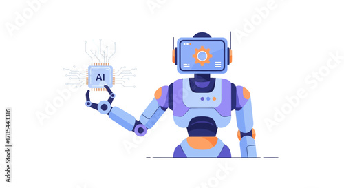 Robotic intelligence holding an AI microchip for advanced programming