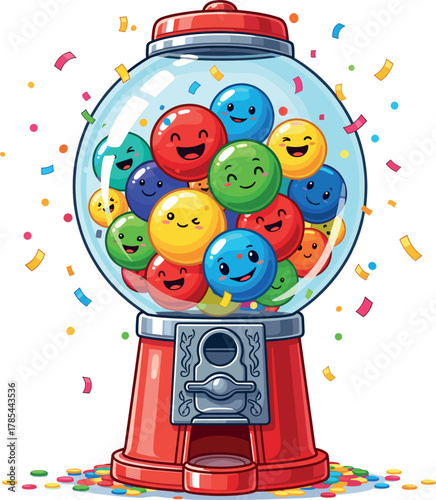 Happy gumball machine filled with colorful smiling gumballs and confetti