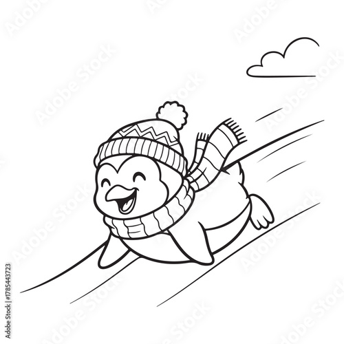 Penguin sliding with a hat and scarf coloring page