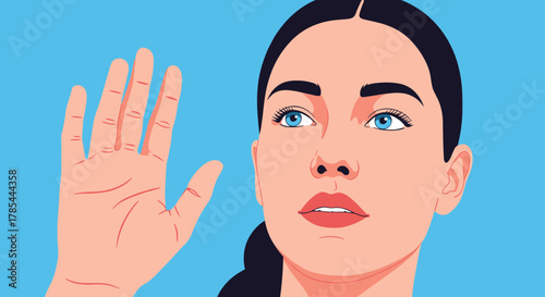 Close up illustration of a woman raising her hand in a greeting or stop gesture.