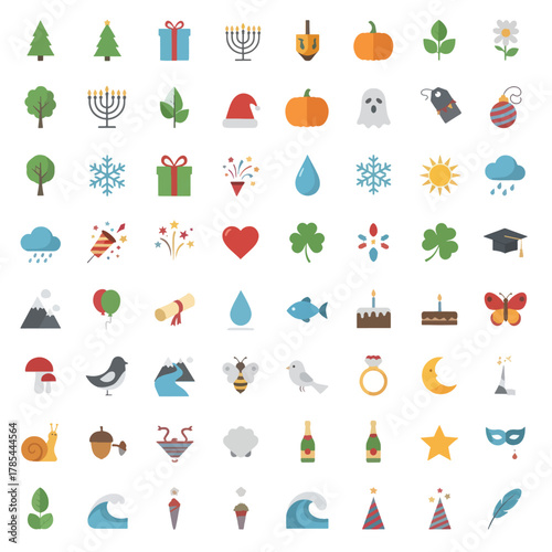 Collection of Diverse Holiday and Seasonal Icons Representing Various Celebrations and Times of Year.