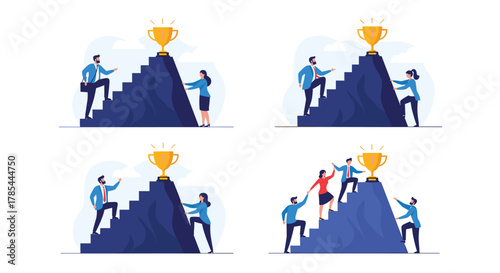 Diverse business teams collaborate to climb a mountain and reach a trophy symbolizing success.