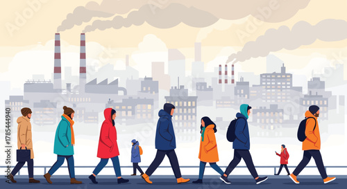 People walk in a smog-filled city with industrial pollution in the background.