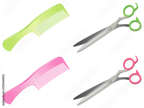 Two combs and two scissors, representing hair care tools, isolated on white.