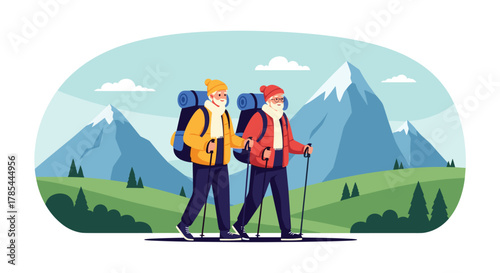Elderly couple hiking together through a mountainous landscape with backpacks and trekking poles.