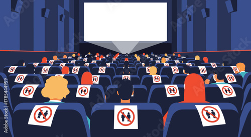 Audiences practice social distancing in a movie theater with empty seats between patrons.