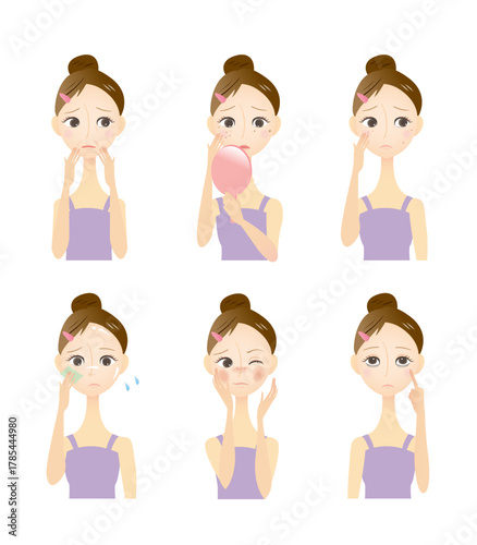 A woman examines her face, showing various expressions of concern and distress.