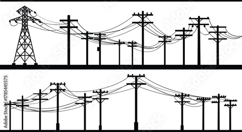 Black silhouette of power lines and transmission tower against white background electricity utility poles