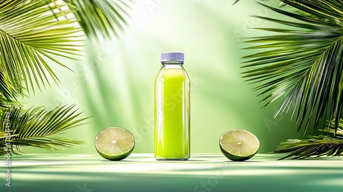 A bottle of green juice is presented with two halves of lime and tropical palm leaves, set against a soft green background with dappled light.