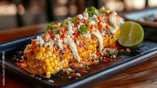 Grilled corn on the cob coated with mayonnaise, cotija cheese, chili powder, and lime, served on a street-style plate.