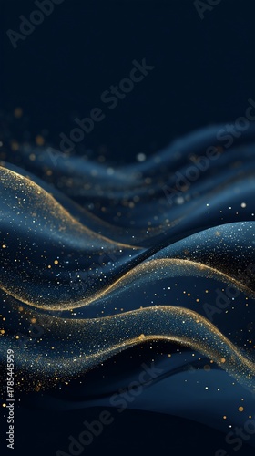 Abstract dark blue background with flowing golden lines and sparkling particles, creating a luxurious and elegant visual effect for modern designs