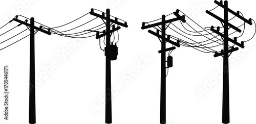 Black silhouette of two utility poles with wires and transformers power line electricity 1