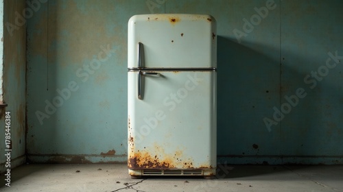 A weathered, pale-green refrigerator stands alone in a forgotten corner of a dilapidated room, its rusty exterior reflecting the passage of time and the silent stories it holds