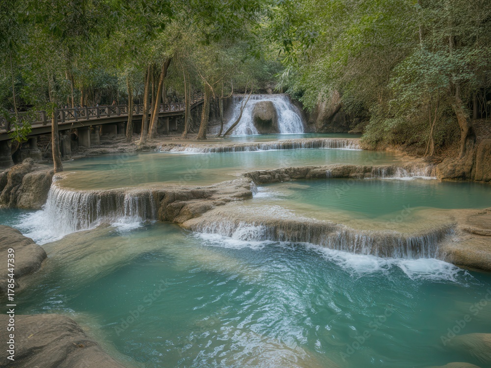 Naklejka premium Turquoise water cascading down rocks in a lush green forest setting