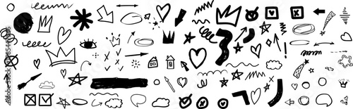 Hand-drawn Chalk scribble doodle arrow, line elements set. 