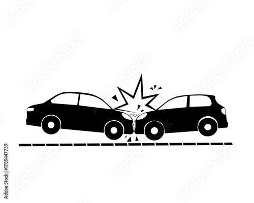 Black car crash icon illustration showing two vehicles colliding, simple vector design for safety warning, insurance, or traffic infographic use.