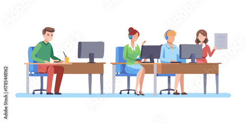 Male and female characters are working in call center together. People in office at workplace. Concept of customer support department staff, telemarketing agents. Flat cartoon vector illustration See 