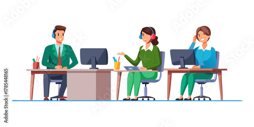 Male and female characters are working in call center together. People in office at workplace. Concept of customer support department staff, telemarketing agents. Flat cartoon vector illustration See 
