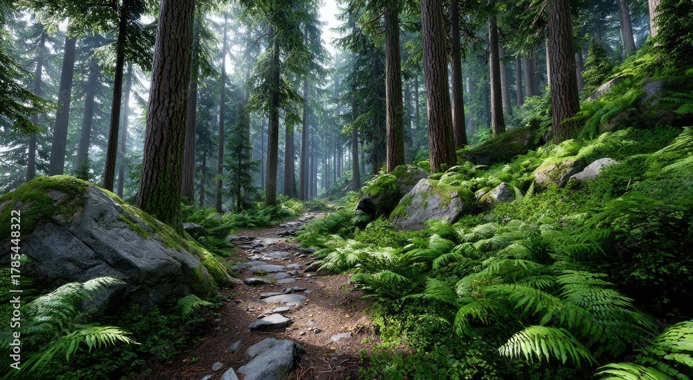 Naklejka premium a dense forest with tall trees and lush green ferns, sunlight filtering through the canopy creating dappled light on paths leading into an unknown distance