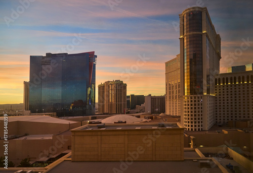 Large buildings and casinos making up the city skyline in Las Vegas at sunrise