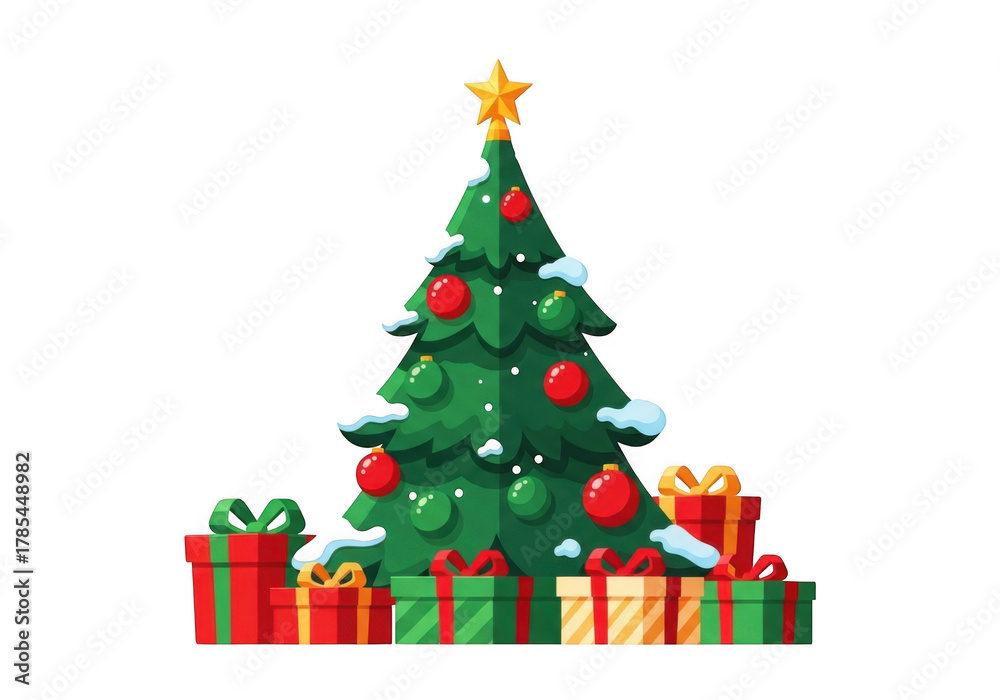 Fototapeta premium A decorated christmas tree with presents underneath, isolated on transparent background