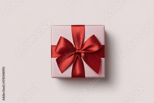 Pink gift box with elegant red satin ribbon bow on a soft light background, overhead view