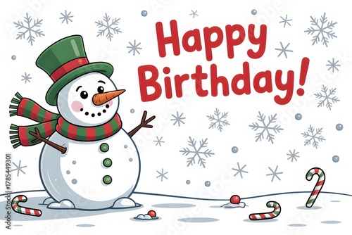 Cheerful snowman celebrating a winter birthday with snowflakes and candy canes