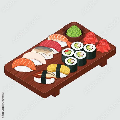 Delicious Japanese sushi platter with nigiri and maki rolls.