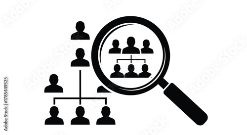 Analyzing company structure organizational chart with magnifying glass