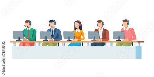 Call center customer support service features operators wearing headsets, with diverse staff seated at tables in a helpdesk setting against a white background, depicted in a modern flat illustration S