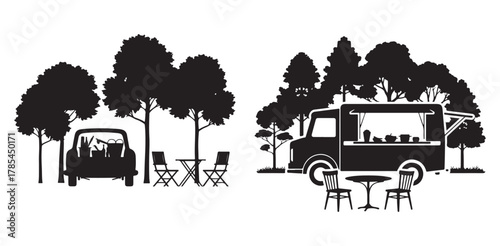 Vector Silhouette Food Truck with Trees, Outdoor Dining Table and Chairs on White Background.