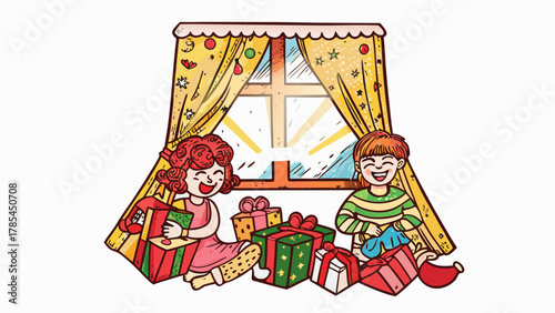 Joyful children happily opening christmas presents on the floor next to a window with festive curtains and sunlight streaming in