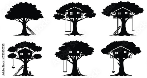 Treehouse vector illustration set, black silhouette of trees with ladders and swings, childhood outdoor adventure, nature playhouse design for kids creativity