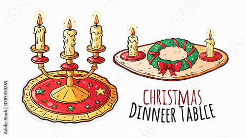 Festive christmas dinner table decorations featuring a candelabra wreath and candles on a white background