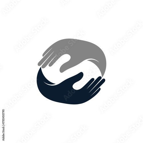 Abstract yin yang symbol formed by two interlocked hands in dark blue and gray colors on a white background.