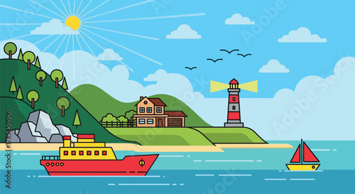 Seascape illustration with lighthouse ship and house vector background