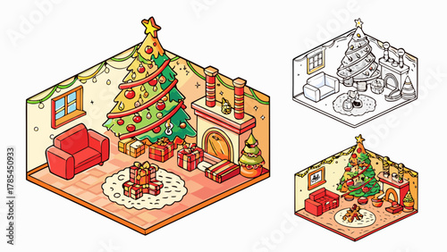 Cozy isometric christmas living room scene with a decorated tree fireplace and gifts festive holiday illustration