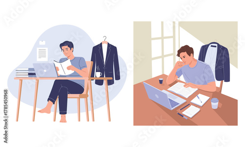 Young man working studying remotely from home office with laptop and documents