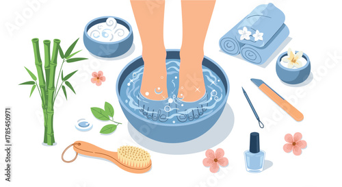 A soothing foot soak and pedicure setup with natural elements like bamboo, flowers, and spa tools for ultimate relaxation.