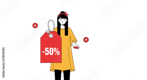Woman shopping with fifty percent off sale tag and shopping cart vector
