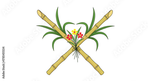An emblem of two crossed sugarcane stalks with green leaves and a central bouquet of colorful flowers.