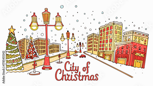 Whimsical hand drawn city street decorated for christmas with snow falling and festive lights illuminating the buildings