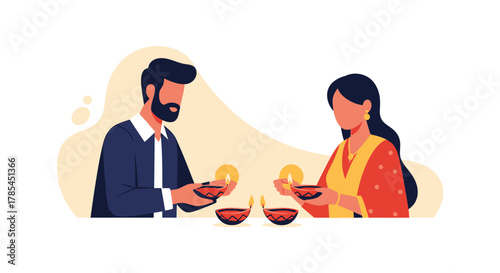 Illustration of a man and woman celebrating Diwali, holding traditional Indian oil lamps (diyas) in a festive setting.
