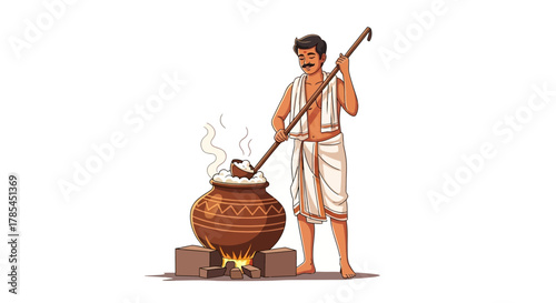 An illustration depicts a man stirring a pot over a fire, likely preparing food or a cultural dish.